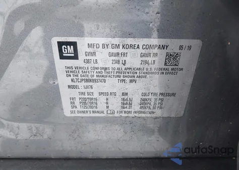 2019 Chevrolet Trax Lt z USA, uszkodzony, nr VIN KL7CJPSB0KB937470